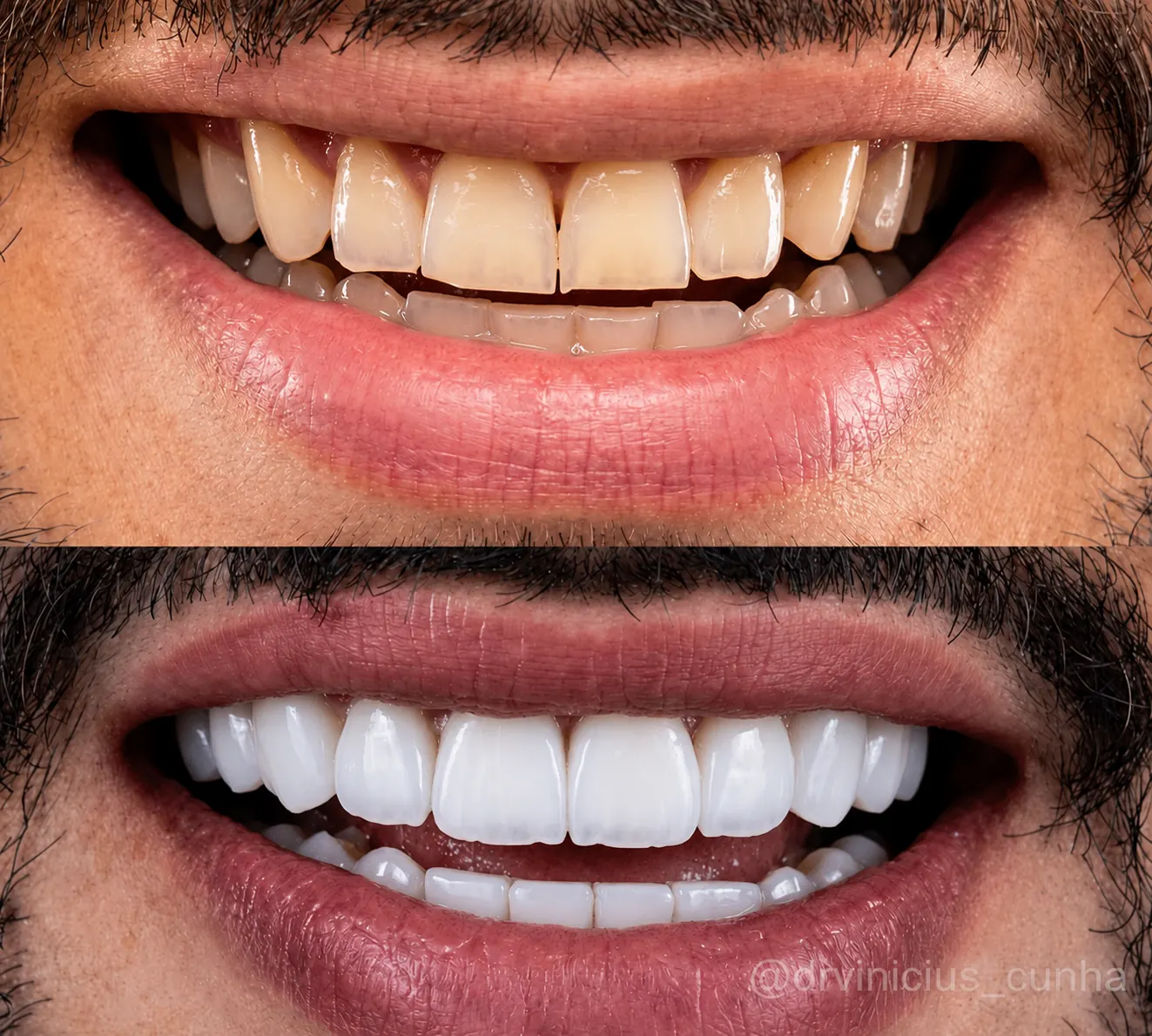 Antes e depois aproximado de sorriso masculino com lentes em resina